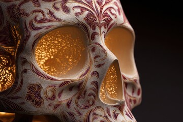 Ornate skull design with intricate floral patterns and warm light illumination.