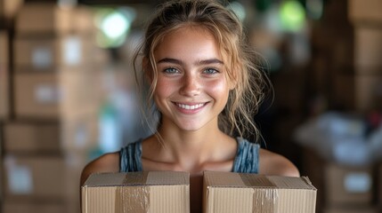 Woman holding boxes in warehouse, happy expression, focus on face