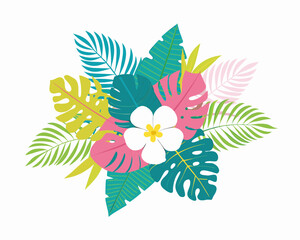Tropical flower and leaves arrangement in vibrant colors