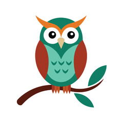 Obraz premium Cartoon owl perched on a branch Keywords: owl, bird, animal, wildlife, cartoon, illustration