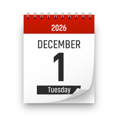 Date 1 December 2026 year realistic calendar day page design. December 1 transparent png