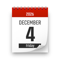 Date 4 December 2026 year realistic calendar day page design. December 4 transparent png