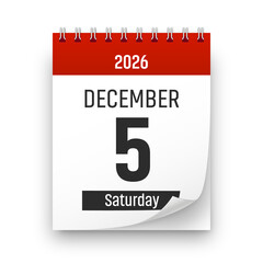 Date 5 December 2026 year realistic calendar day page design. December 5 transparent png