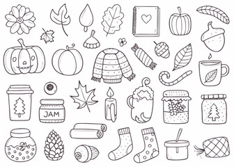 Cute hand drawn autumn and winter doodle elements collection