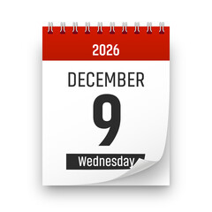 Date 9 December 2026 year realistic calendar day page design. December 9 transparent png