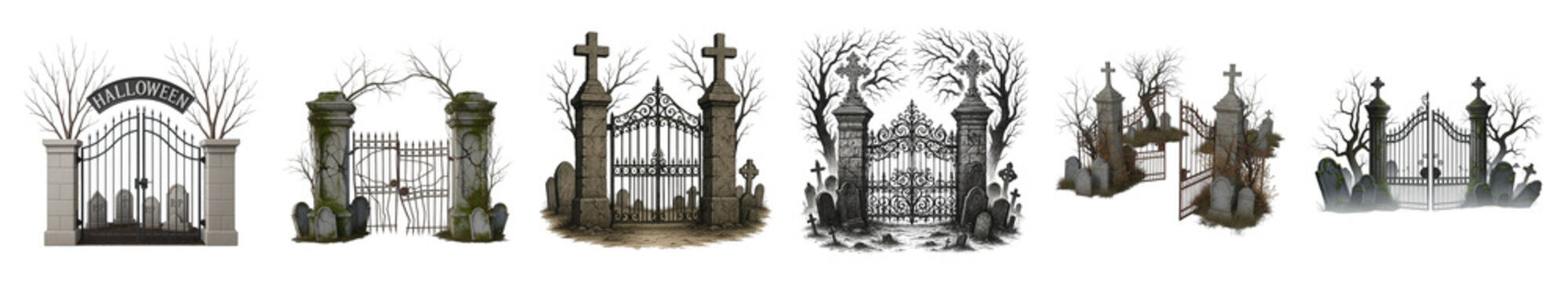 Graveyard gate set including various spooky, weathered, and Halloween themed entries isolated. Creepy cemetery design elements.