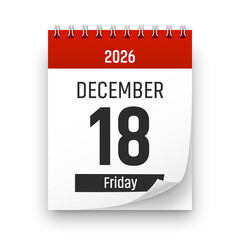 Date 18 December 2026 year realistic calendar day page design. December 18 transparent png