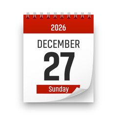 Fototapeta premium Date 27 December 2026 year realistic calendar day page design. December 27 transparent png
