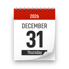 Date 31 December 2026 year realistic calendar day page design. December 31 transparent png