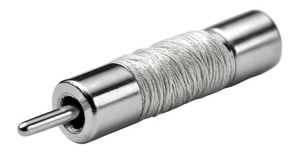 A close up of a coaxial cable connector with a white background shown here