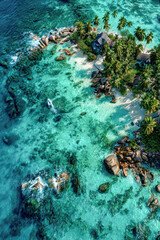 Fototapeta premium Aerial view of a tropical island featuring lush palm trees, rocky shores, and clear turquoise waters.