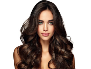 Beautiful woman with long flowing dark hair and striking green eyes, showcasing glamorous hairstyle and radiant skin against a black background