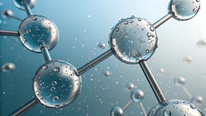 Abstract molecular structure with water droplets and blue background
