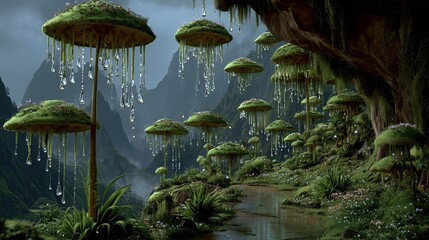 Fantasy Rainforest Landscape With Mushroom-Like Plants And Mountain Stream