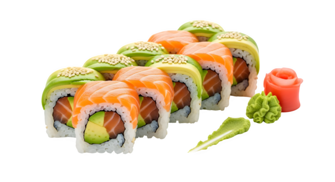 Salmon and green sushi roll close-up shows fresh ingredients against black for food blog, restaurant menu, or social media promotion.