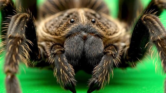Close-up macro portrait of a hairy tarantula spider with intense eyes on a vibrant green background