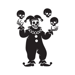  creepy clown juggling skulls illustration – black and white horror vector with skeletal hands and eerie circus costume.