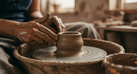 Artisan craftsperson shaping a wet clay pot on a traditional pottery wheel in a workshop