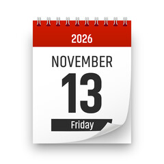 Date 13 November 2026 year realistic calendar day page design. November 13 transparent png