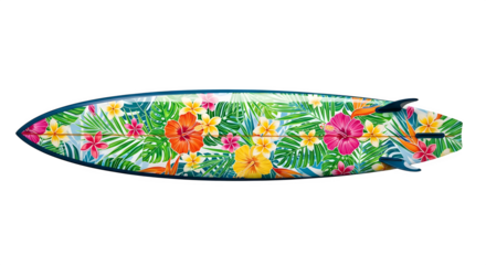 Floral painted surfboard pops with vivid flowers and tropical foliage, perfect for summer branding, poster design, or a bright social media backdrop.