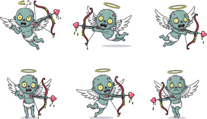 Zombie cupid cartoon, undead angel with bow, creepy valentine cupid, horror cupid design, scary cartoon angel, spooky cupid character illustration