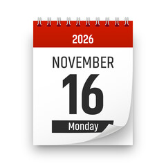 Date 16 November 2026 year realistic calendar day page design. November 16 transparent png