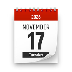 Date 17 November 2026 year realistic calendar day page design. November 17 transparent png