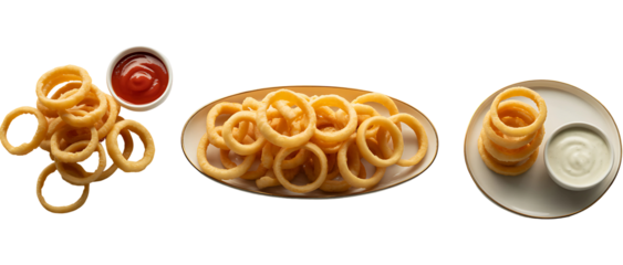 Several onion rings with dipping sauce isolated on transparent background