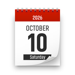 Date 10 October 2026 year realistic calendar day page design. October 10 transparent png