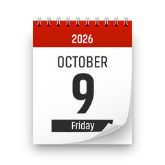 Date 9 October 2026 year realistic calendar day page design. October 9 transparent png