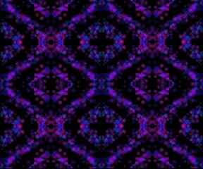 Abstract seamless pattern with glowing neon floral shapes in purple and blue tones on a black background.