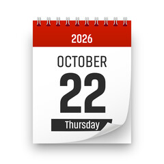 Date 22 October 2026 year realistic calendar day page design. October 22 transparent png