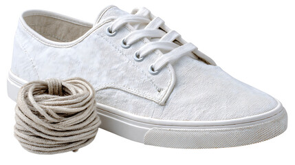 A white canvas shoe with laces and a ball of twine on a white background