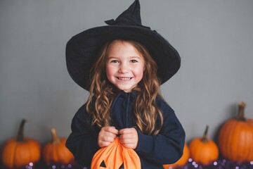 A cheerful young girl, dressed in a witch's costume, holds a pumpkin-shaped treat bag, smiling brightly for a Halloween portrait.
