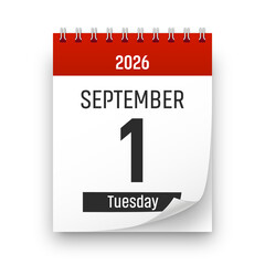Date 1 September 2026 year realistic calendar day page design. September 1 transparent png