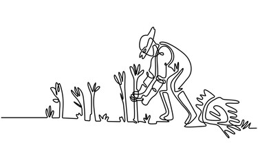 Single one line drawing of farmers rice planting working. Farming challenge minimal concept.