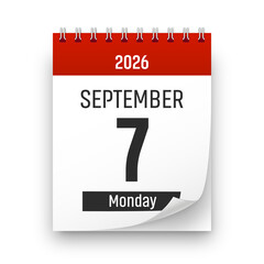 Date 7 September 2026 year realistic calendar day page design. September 7 transparent png