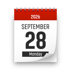 Date 28 September 2026 year realistic calendar day page design. September 28 transparent png