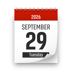 Date 29 September 2026 year realistic calendar day page design. September 29 transparent png