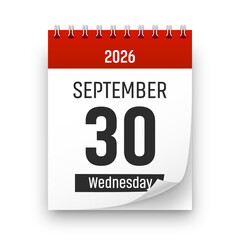 Date 30 September 2026 year realistic calendar day page design. September 30 transparent png