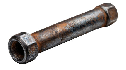 Close up shot of a rusty metal bolt with nuts on a white background view