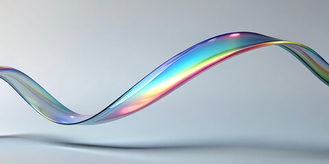 3d iridescent liquid glass ribbon wave line with neon rainbow light texture on abstract white background. Holographic gradient water flow with speed motion effect. Digital tech banner. 3D illustration