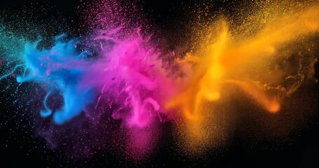 Erupting cyan, magenta and yellow powder clouds expanding, colliding and blending across black void - Powered by Adobe