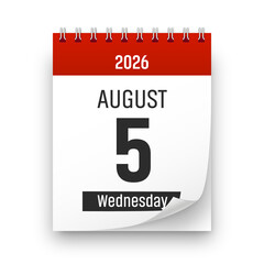 Date 5 August 2026 year realistic calendar day page design. August 5 transparent png