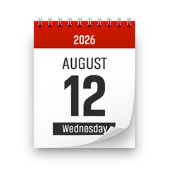 Date 12 August 2026 year realistic calendar day page design. August 12 transparent png