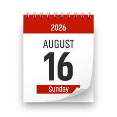 Date 16 August 2026 year realistic calendar day page design. August 16 transparent png