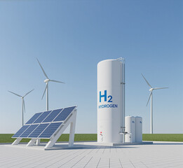 Green Hydrogen production and storage with renewable energy sources like solar panels and wind turbines, representing a sustainable future.