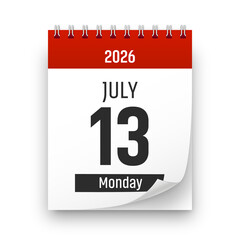 Date 13 July 2026 year realistic calendar day page design. July 13 transparent png