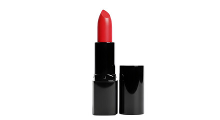 Obraz premium Red lipstick gleams against black, product shines with light reflections, perfect for beauty branding, social media posts, or cosmetic photography.