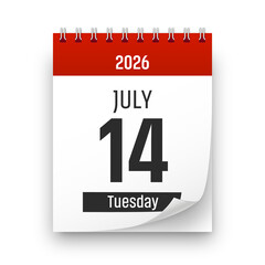Date 14 July 2026 year realistic calendar day page design. July 14 transparent png